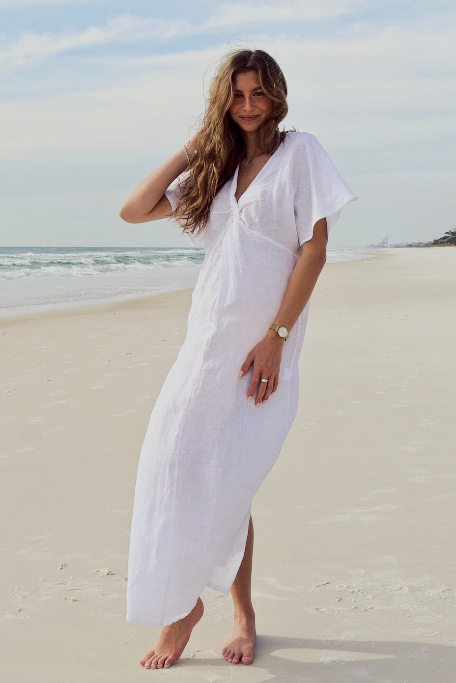 Knot Linen Dress Long in White Xs / White Knot Linen Dress Long in White Xs / White