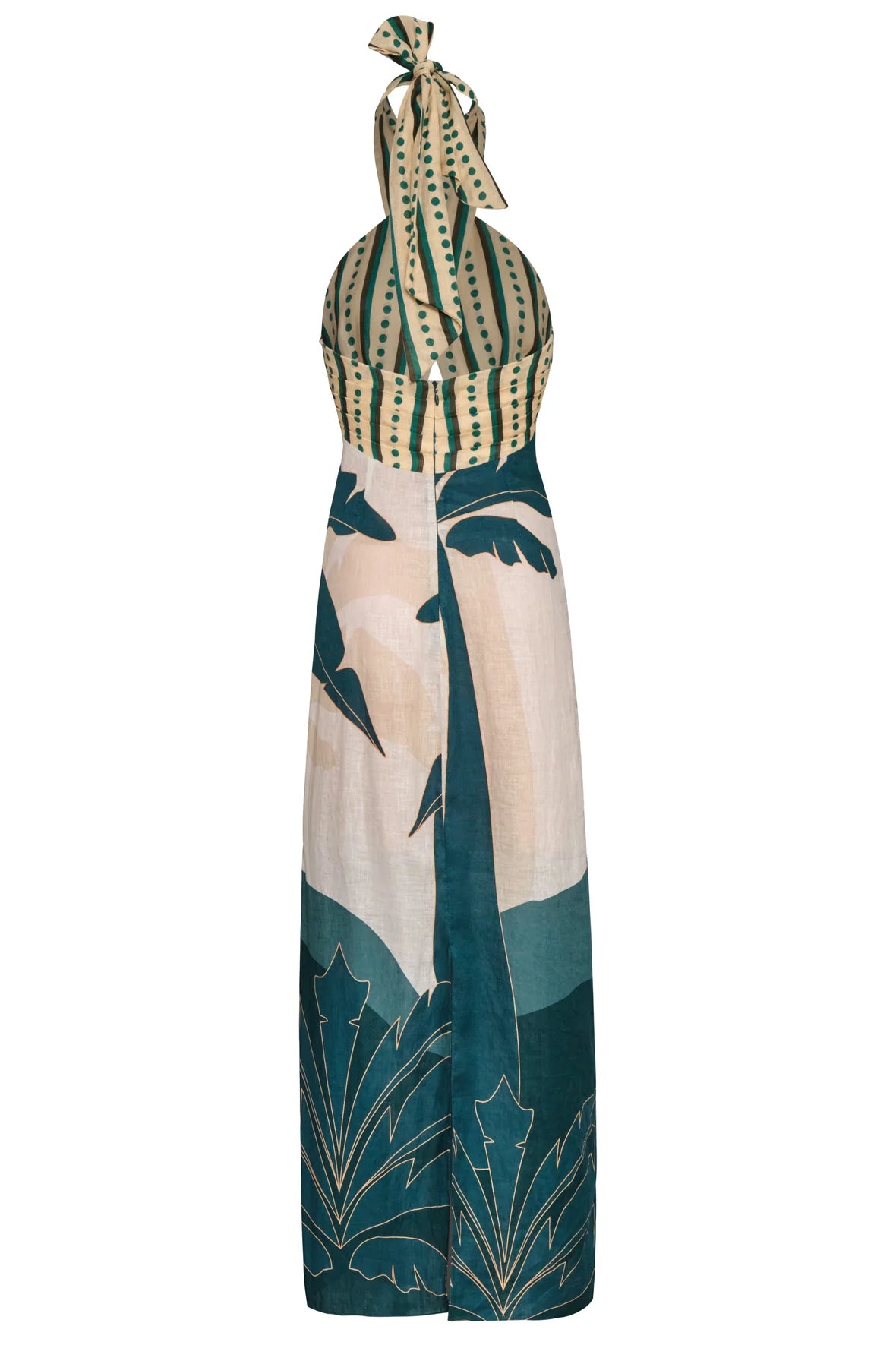 Costa Del Sol Linen Midi Dress / Aquamarine Palms - Green Stripes XS Costa Del Sol Linen Midi Dress / Aquamarine Palms - Green Stripes XS
